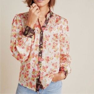 Hemant & Nandita Floral Button-Up Long-Sleeve Blouse Small NWT